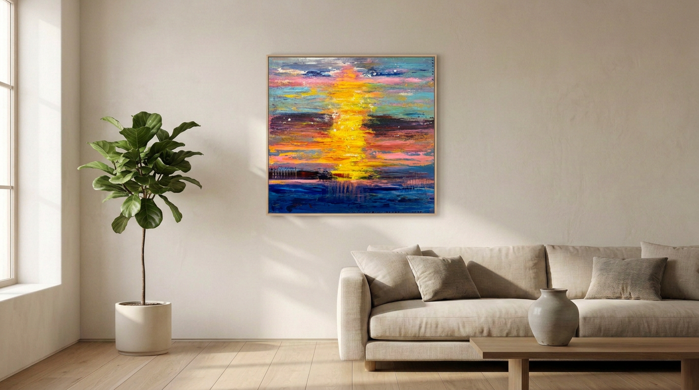 A colorful textured sunset painting hanging above a low linen sofa in a sunlit minimalist living room with a fiddle-leaf fig by the window