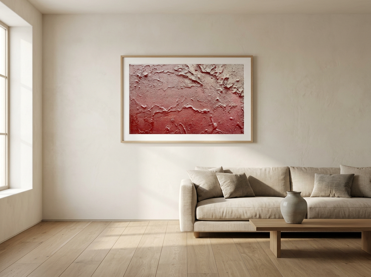 A textured coral and rust abstract painting by Danielle Eze hanging above a low linen sofa in a sunlit minimalist living room